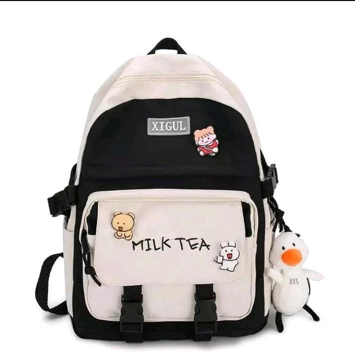 Tas Ransel Sekolah Milk Tea/Karakter Kanvas Backpack Wanita 0