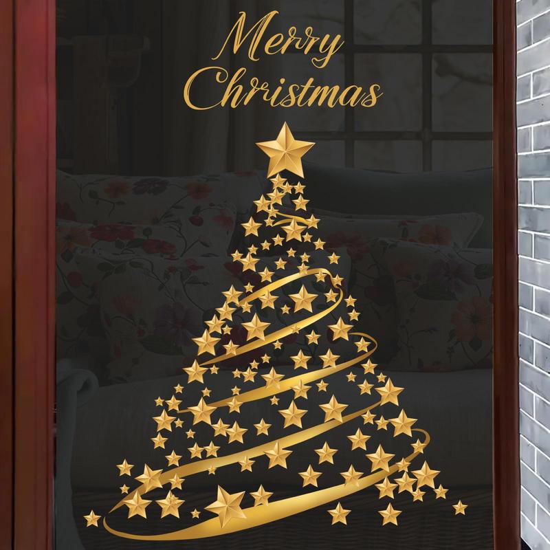 Product Introduction of Christmas Themed Window Sticker, 1 Count Merry Christmas Tree & Star Pattern Window Decal, Decorative Sticker for Home Party & Festival 0