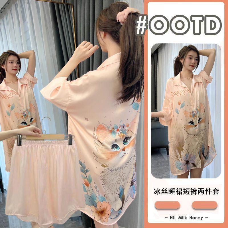 Bộ Đồ Ngủ Lụa Lạnh Phong Cách Người Nổi Tiếng Trên Internet, Dành Cho Nữ, ngắn Tay Mùa Hè, Gợi Cảm Và Dễ Thương, Váy Ngủ Và Quần Đùi, Dáng Rộng Có Thể Mặc Ngoài Trời, Phong Cách Phương Tây, Đồ Mặc Nhà