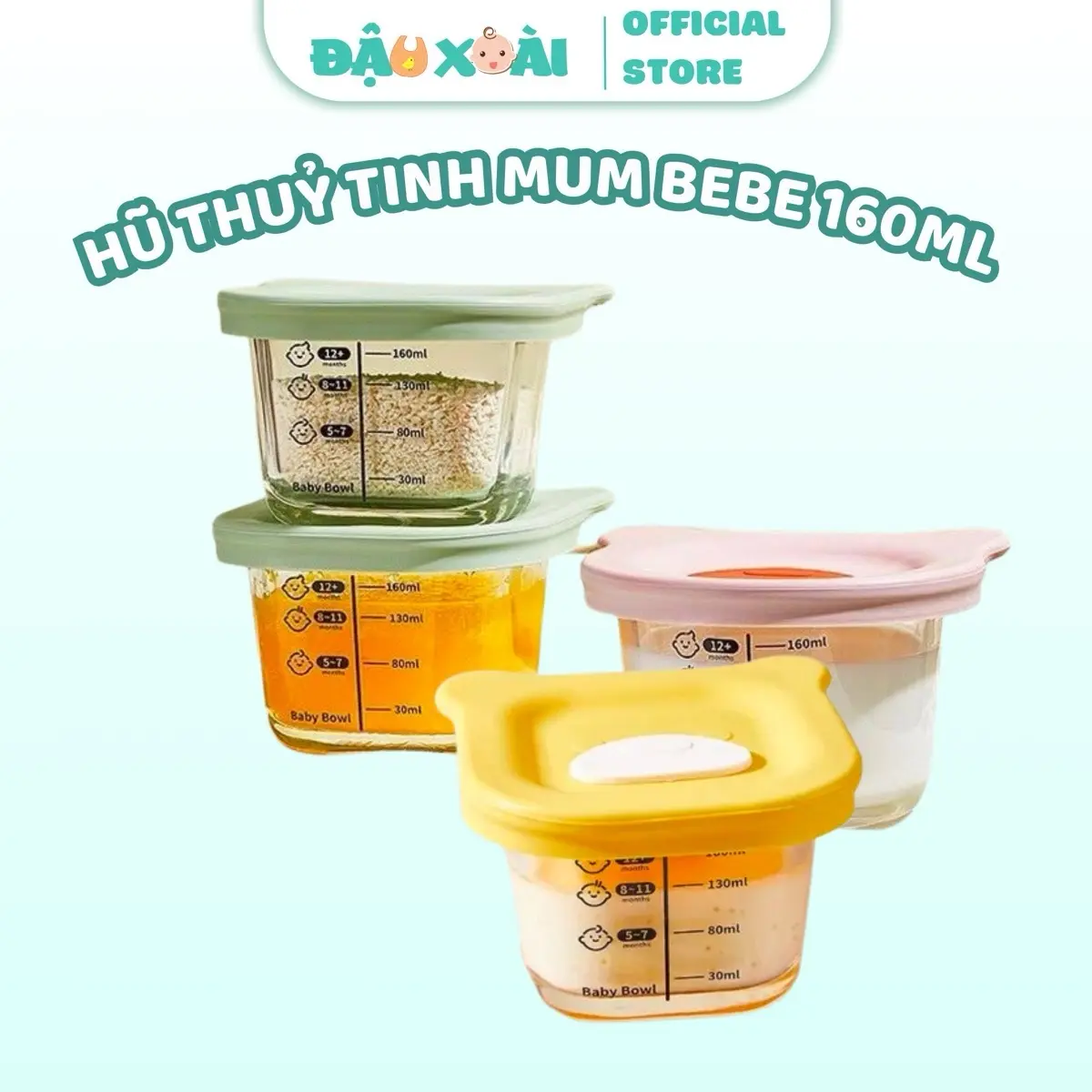 Hộp trữ đông thuỷ  tinh Mum Bébé 160ml đựng đồ ăn dặm cho bé có vạch ml Silicone