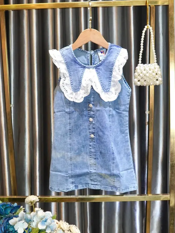 Đầm jean dáng suông babydoll cổ phối ren mềm cho size bé gái và mẹ 2