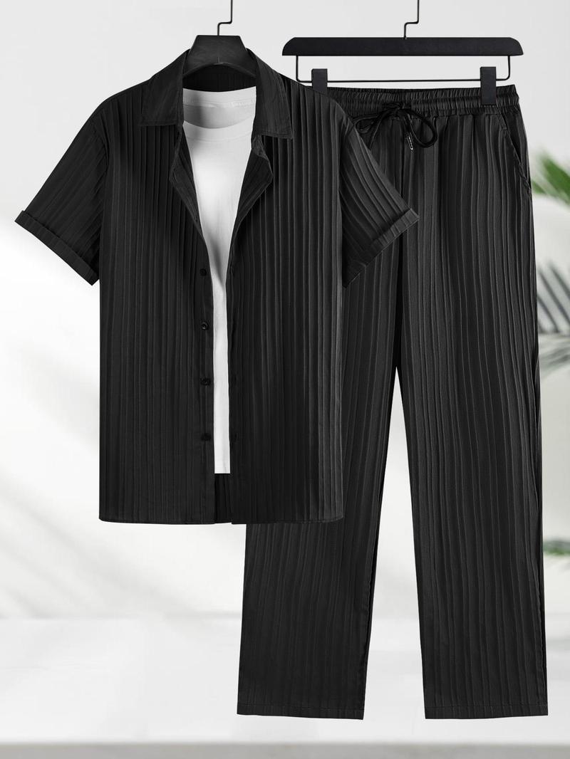 Product Introduction of Two-piece Set Men's Solid Textured Button Front Shirt & Drawstring Waist Pants, Loose Casual Short Sleeve Collared Top & Pocket Trousers for Beach Vacation, Men's Two-piece Outfits for All Seasons 14