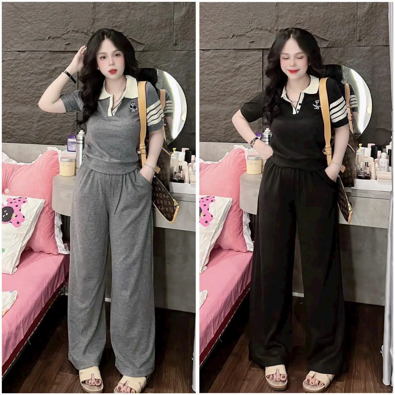 SET BỘ THUN TĂM CỔ TRỤ ÁO NGẮN TAY SỌC THÊU GẤU NHỎ XINH PHỐI QUẦN ỐNG SUÔNG 2 MÀU