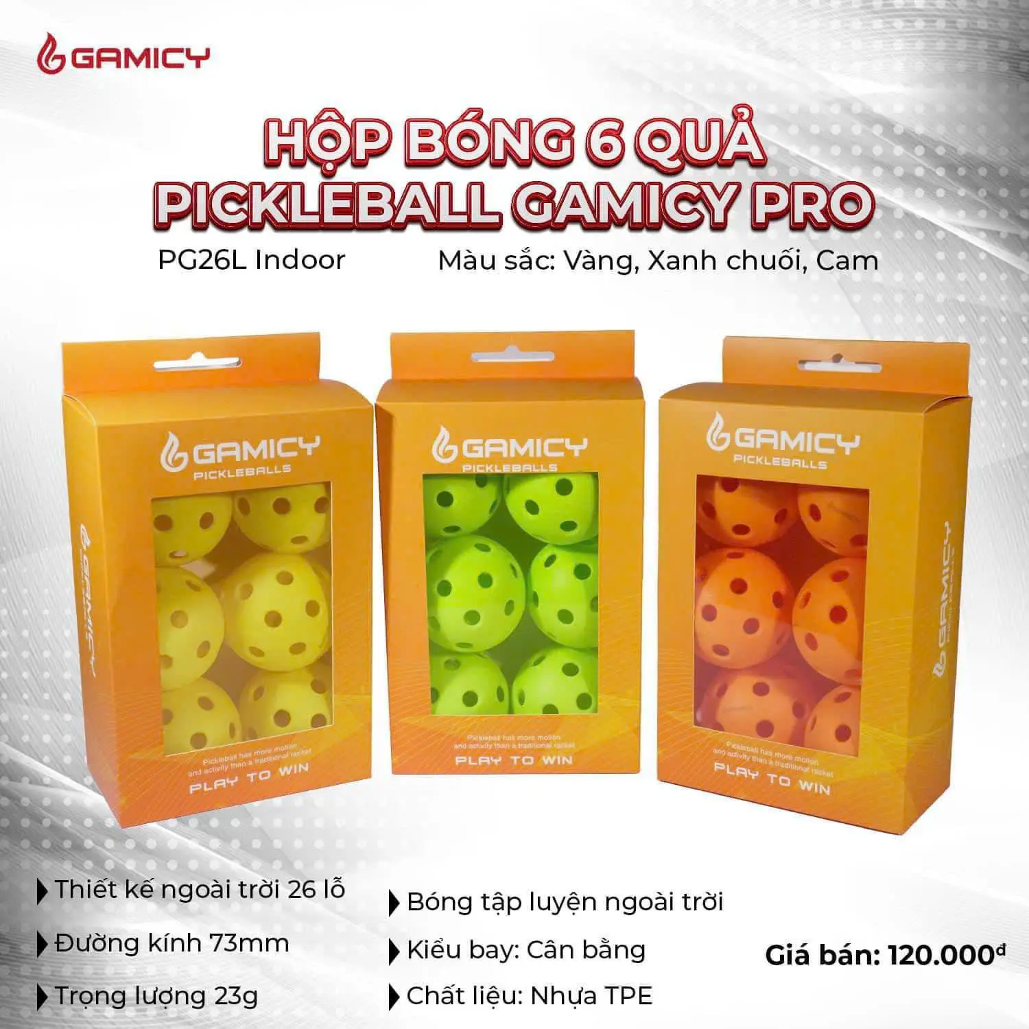 [Combo 6 quả] Bóng Pickleball Gamicy siêu bền Outdoor - 26 lỗ VÀ 40 lỗ, 74mm, Nhựa TPE Golf Bi