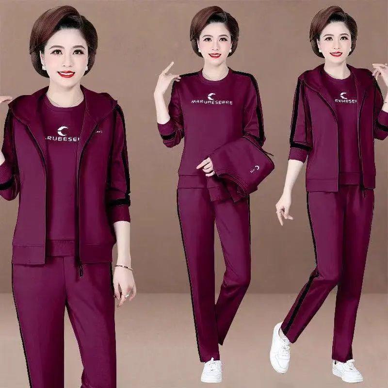 Bộ Đồ Quần Áo Thể Thao Cho Mẹ, Ba Mảnh, Cho Phụ Nữ Trung Người Già Và Cao Tuổi, Áo Len Thời Trang, Có Mũ Trùm Đầu, Ngoại Cỡ, Dáng Rộng Vừa Vặn, Thích Hợp Cho Mùa Xuân Và Mùa Thu, Đồ Mặc Ở Nhà 1