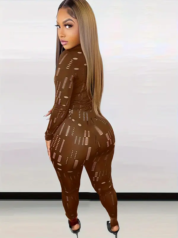 Women's Plain Ripped Long Sleeve High Neck Tee & Skinny Pants Set, Casual Sexy Tight Sleeve Tops & Leggings for Daily Outdoor, Ladies Fall & Winter Clothes Valentine's Day, gift 7