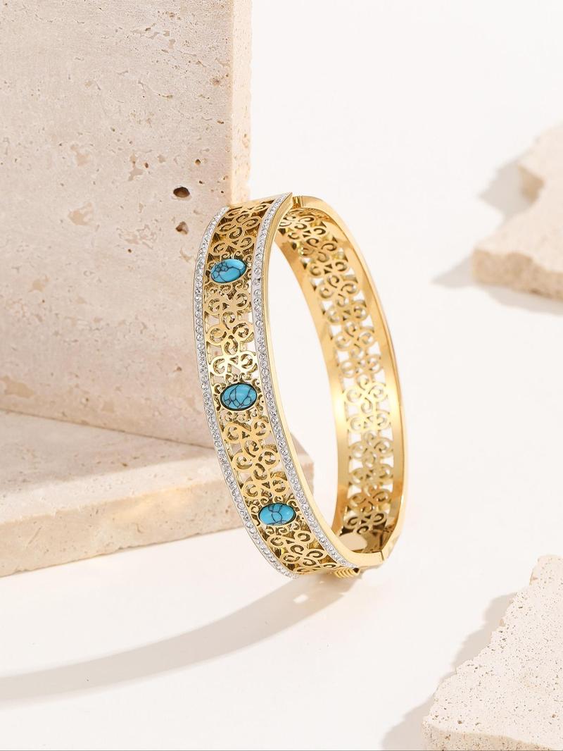 Product Introduction of Vintage Hollow Out Design Bangle for Women & Men, Rhinestone Decor Turquoise Texture Stainless Steel Jewelry for Party, Daily Clothing Decor, Trendy All-match & Exquisite Jewelry for Birthday Gift 4