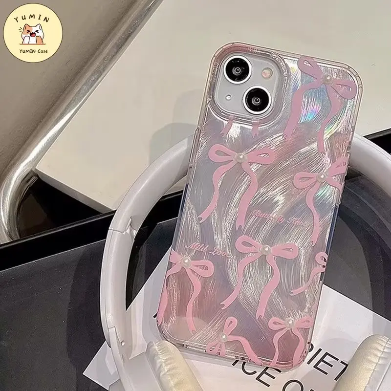 Sarung Ikat Mutiara Mewah Manis Lucu Untuk Perempuan Kompatibel Untuk IPhone 11 7Plus XR 11 13 15 14 12 Pro Max 8Plus X XS MAX 15 6S 6 Plus SE 2022 Sarung Lembut TPU Benang Bulu 4