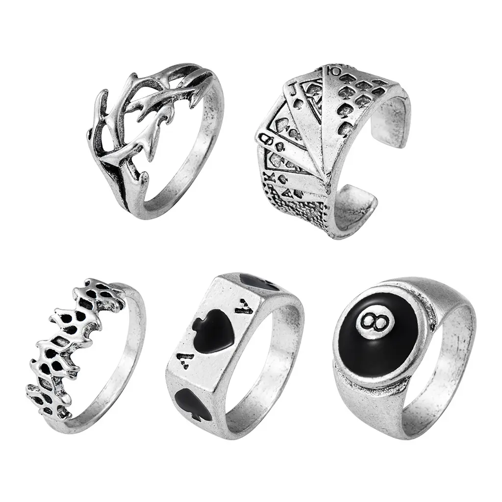 Set Cincin Biliard Poker, Warna Perak, Untuk Wanita dan Lelaki, Gaya Punk, Cincin Hip Hop Kebaharuan, Barang Kemas Pasangan Gothic, Sesuai untuk Pakaian Harian