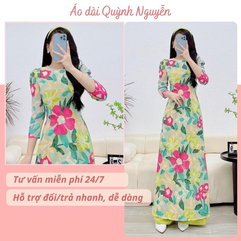 Áo dài nữ thiết kế tơ vân 4 tà hoa nhí MÃ TK118 Nữ Women Dress Nhung Kem Sen