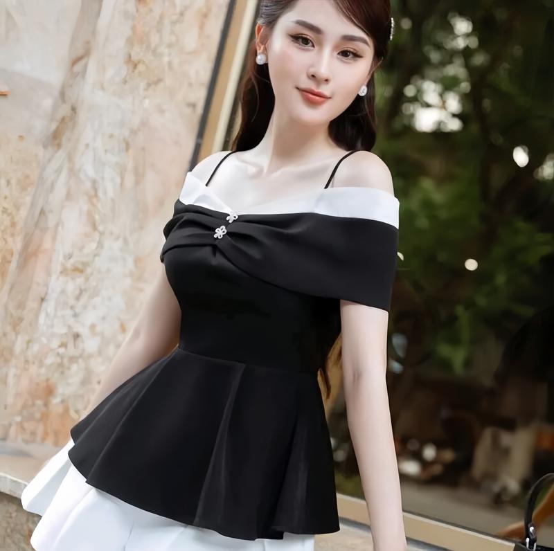 Áo peplum chất tuyết hàn phong cách trễ vai phối tơ lụa xinh xắn Nữ Women Top Voan