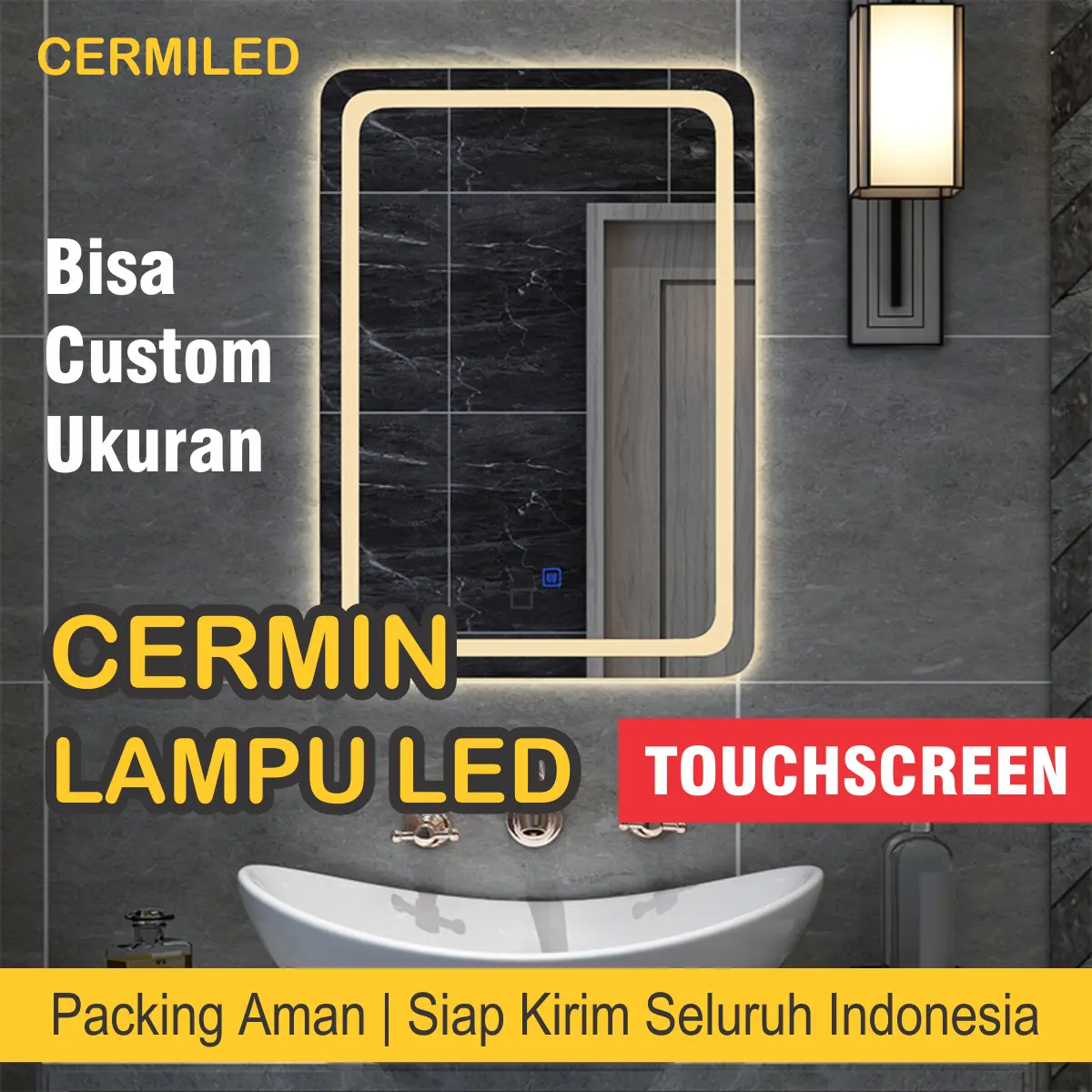 Cermin Kaca Make Up Square Lampu LED Touchscreen 50 x 70 Cm