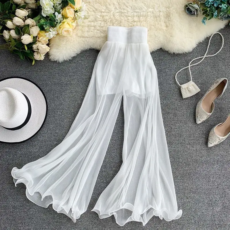 Quần Ống Rộng Mùa Hè, Dành Cho Nữ, Thiết Kế Xếp Nhún Đuôi Cá, Quần Ống Loe, Eo Co Giãn, Xếp Ly, Phong Cách Phương Tây, Người Nổi Tiếng Trên Internet, Quần Dài Điều Hòa Không Khí, Hàng Mới Về
