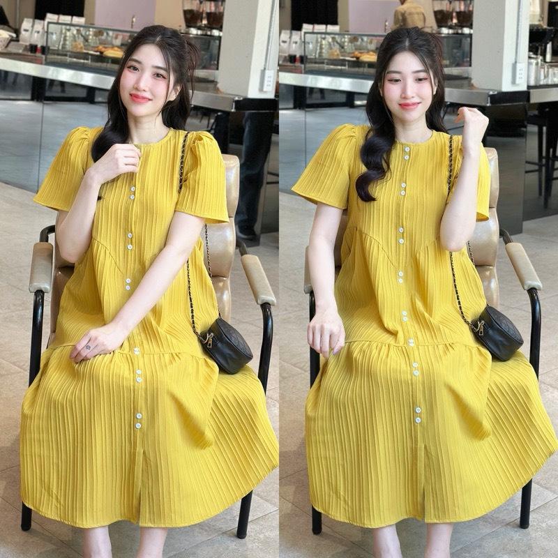 Váy babydoll, Đầm váy bầu Babydoll ba tầng gài cúc from rộng chất Đũi gân Nữ Women Voan Voi Dress