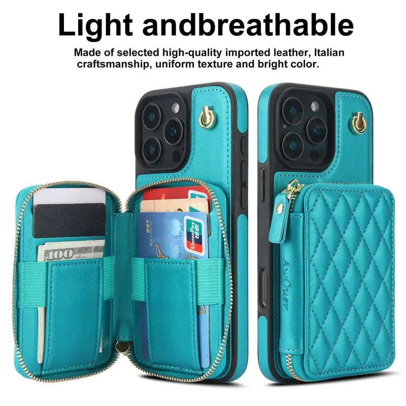 Fashionable Quilted Pattern Zipper Phone Case with Card Slot & Hand Strap, PU Leather Phone Cases for iPhone 16 Pro Max 15 Plus 14 Plus 13 12, Cover 7