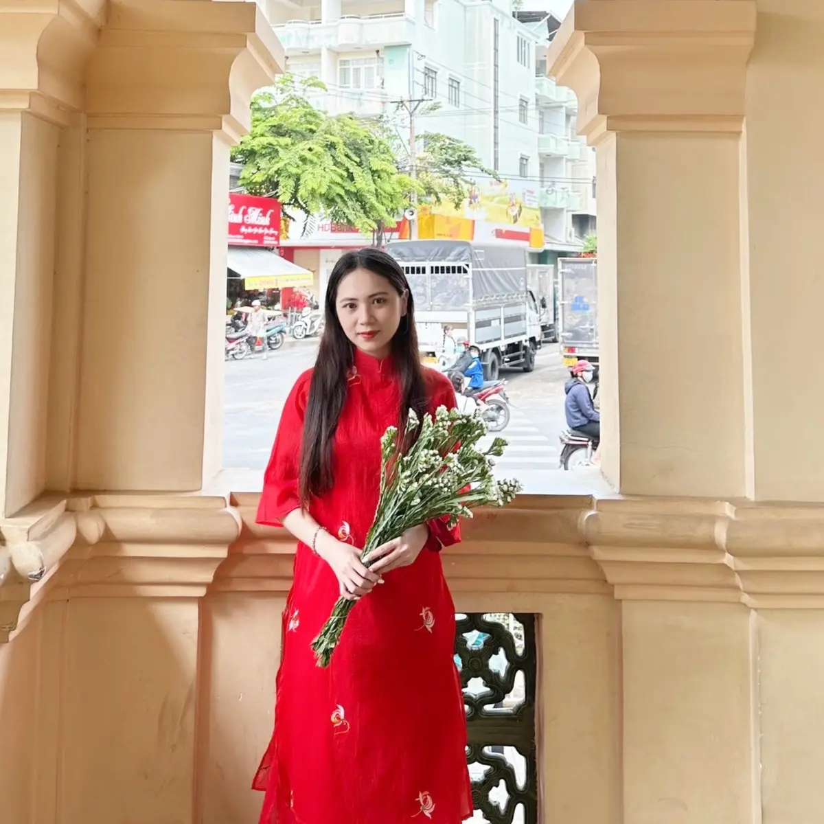 Set Áo dài hoa nhí đỏ