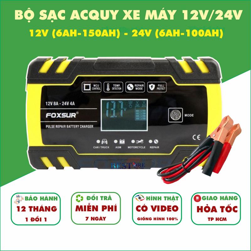 Bộ sạc bình acquy ô tô - xe máy 12v - 24v 6Ah - 150Ah tự ngắt thông minh khử sunfat hàng chính hãng bảo hành 12 tháng.