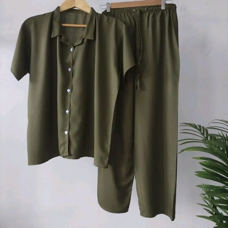 Setelan Wanita Kancing Lengan Pendek Rayon Polos LD90 sampai LD150 | piyama polos | baju tidur nyaman | baju tidur polos | setelan kancing hidup | baju tidur rayon polos celana panjang | piyama kancing busui