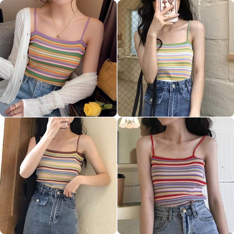Áo 2 dây croptop len tăm nữ dáng ôm body kiểu kẻ ngang Áo sát nách dệt kim ngũ sắc phong cách Hàn Quốc