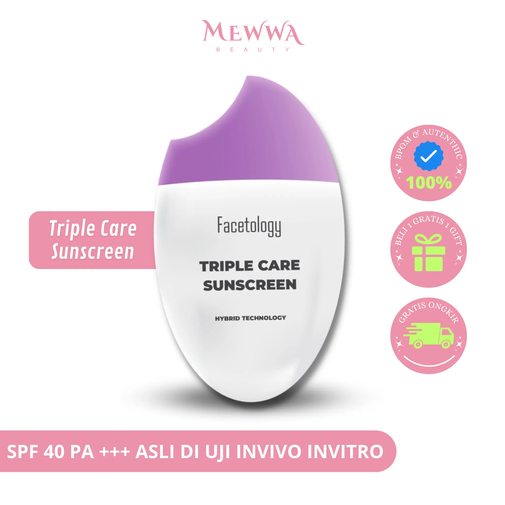 Mewwa Beauty - Facetology Triple Care Sunscreen SPF 40+ PA+++ - Sanscreen Wajah Tasya Farasha Original