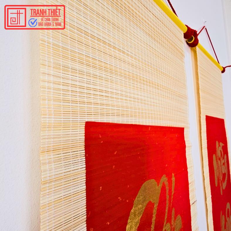 Câu đối đỏ treo tết, câu đối bàn thờ gia tiên viết theo yêu cầu, liễn treo tết chất liệu mành tre 6