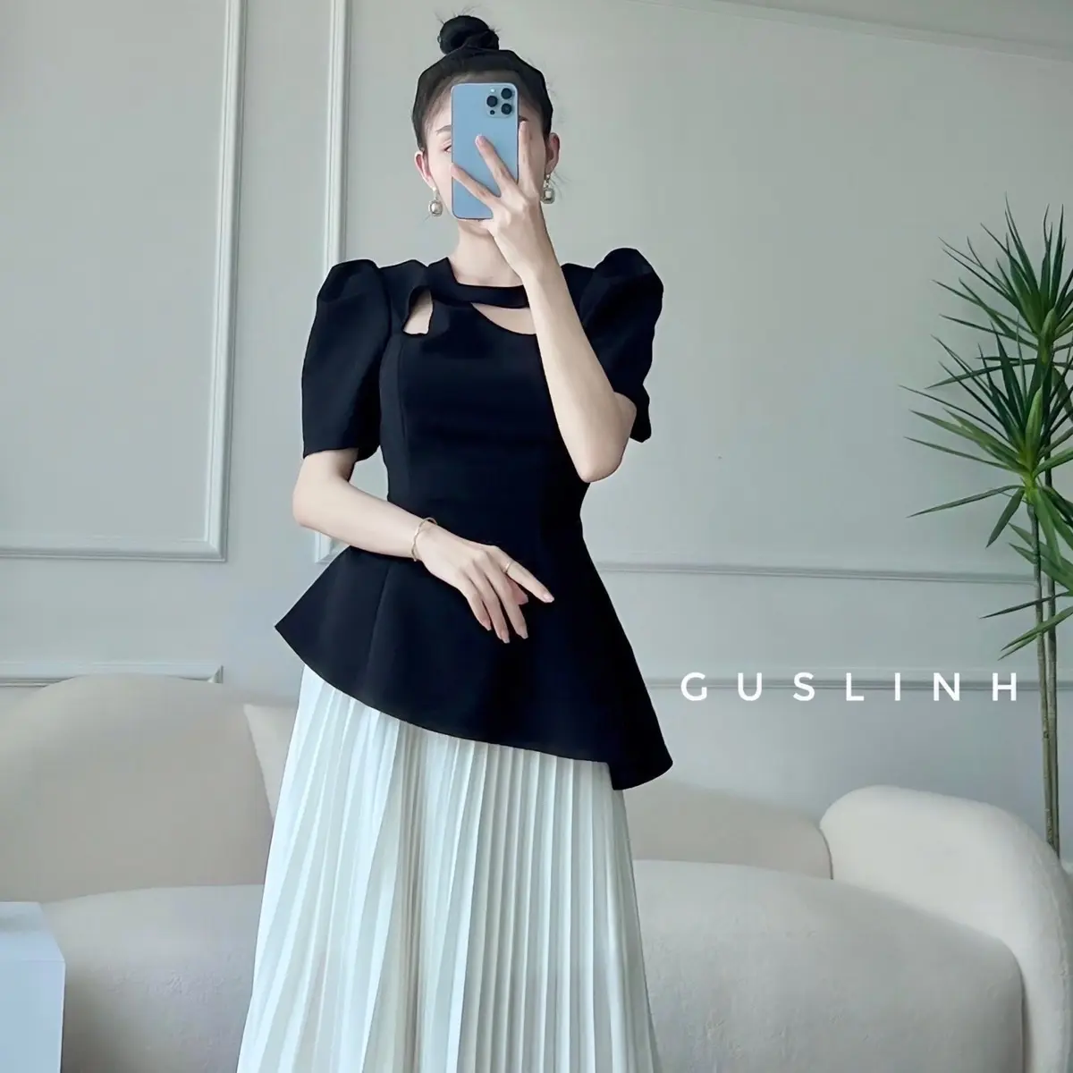 Áo kiểu dáng peplum tà xéo cổ tròn cách điệu Top Nữ