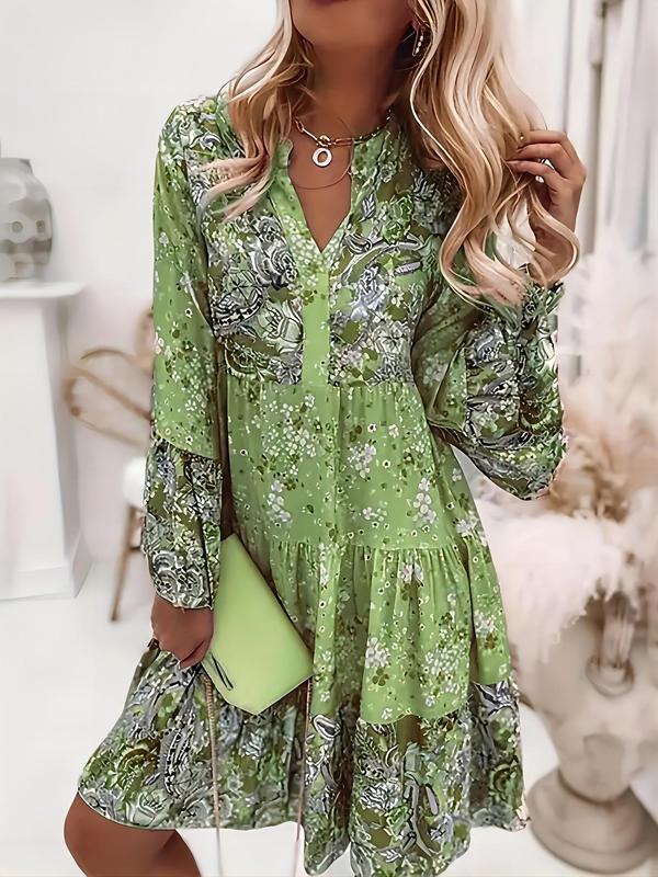 Women's Ditsy Floral Print Patchwork Tiered Layer Smock Dress, Boho Flounce Sleeve   Short Dress for Daily Wear, Ladies Dress for Spring & Fall 6