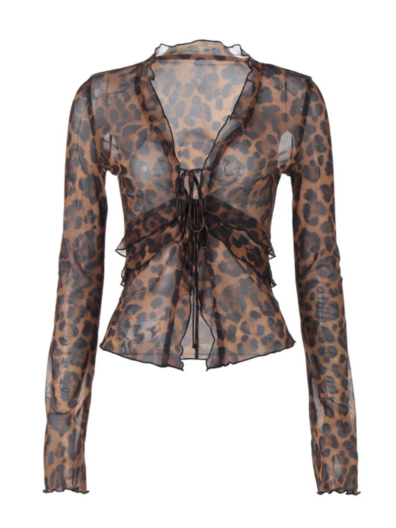 Product Introduction of Women's Leopard Print Lettuce Trim Sheer Tee, Casual Flounce Sleeve Tie Neck Tulle Top, Ladies Clothes for Beach Party Vacation Valentine's Day, gift, Womenswear 12