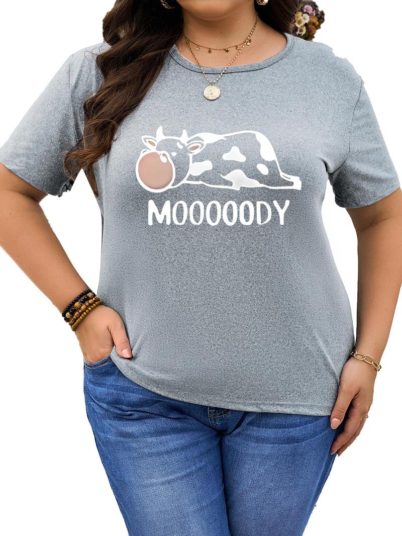Product Introduction of 【Plus Size】 Milk Cow Print Round Neck Tee, Fashion Casual Crew Neck Short Sleeve T-Shirt for Daily Outdoor Wear, Women Plus Clothing for Summer 5