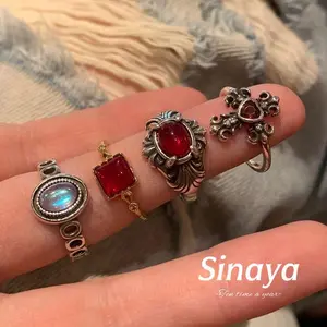 【Sinaya】Cincin Antik Khas Bersusun Berlian Buka dan Disesuaikan Keruh Logam Kuno Cahaya Bersinar Z185