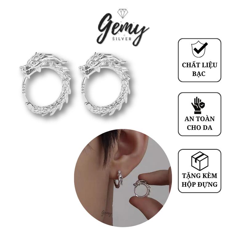 Khuyên tai tròn nam bạc 925 hình rồng Dragon (1 chiếc) | GEMY SILVER KN126