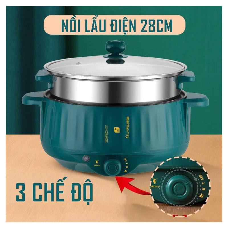 Nồi Lẩu Điện Đa Năng 2 Tầng kèm giá hấp 28 cm tráng men chống dính công suất 1000W, BH 12 tháng Nồi Điện Inox Nấu Ăn cái  chảo