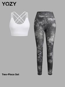 YOZY-GOOO Women's Plain Criss Cross Crop Top & All Over Print Leggings Two-piece Set, Sporty Casual Breathable Comfortable Outfits for Yoga Gym Workout Running, Ladies Clothes for All Seasons, Tummy Flattering