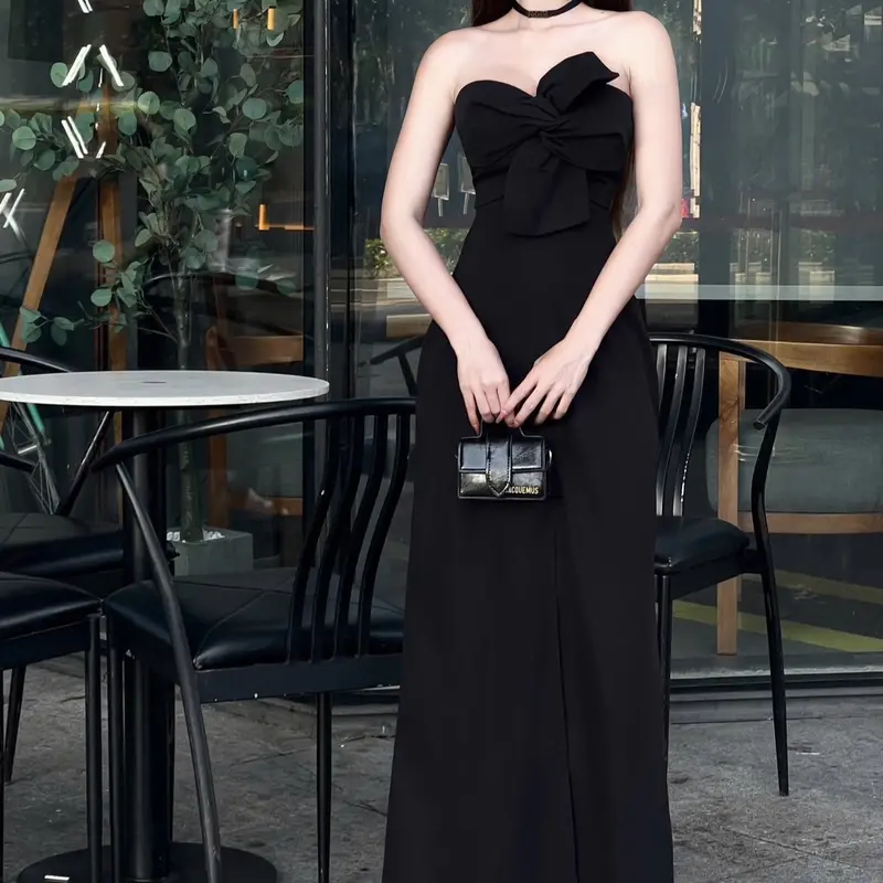 Đầm Cúp Nơ Xẻ Trước Vải Kaki Thô Có Mút 3 Màu Women Dress Nữ 2