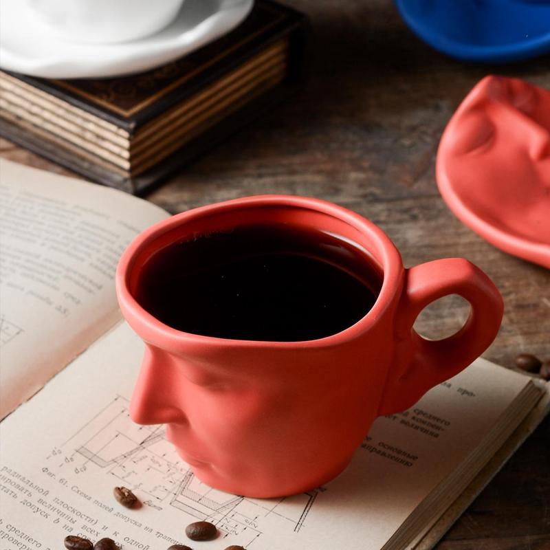 Creative Face Design 250ml Coffee Cup & Saucer Set, 2pcs Ceramics Coffee Mug for Table Novelty Coffee Cup Set for Home Office, Gift Ideas 6