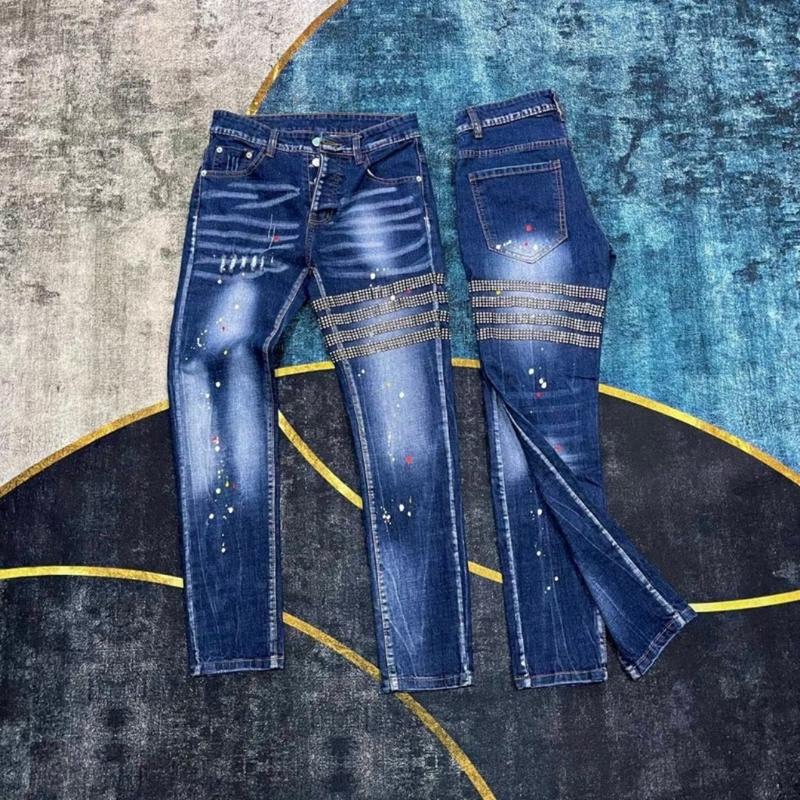 Quần bò jean nam phối Họa tiết 4 sọc đính đá không rách gối co dãn Nhẹ from đẹp Menswear Pants Có Túi purple