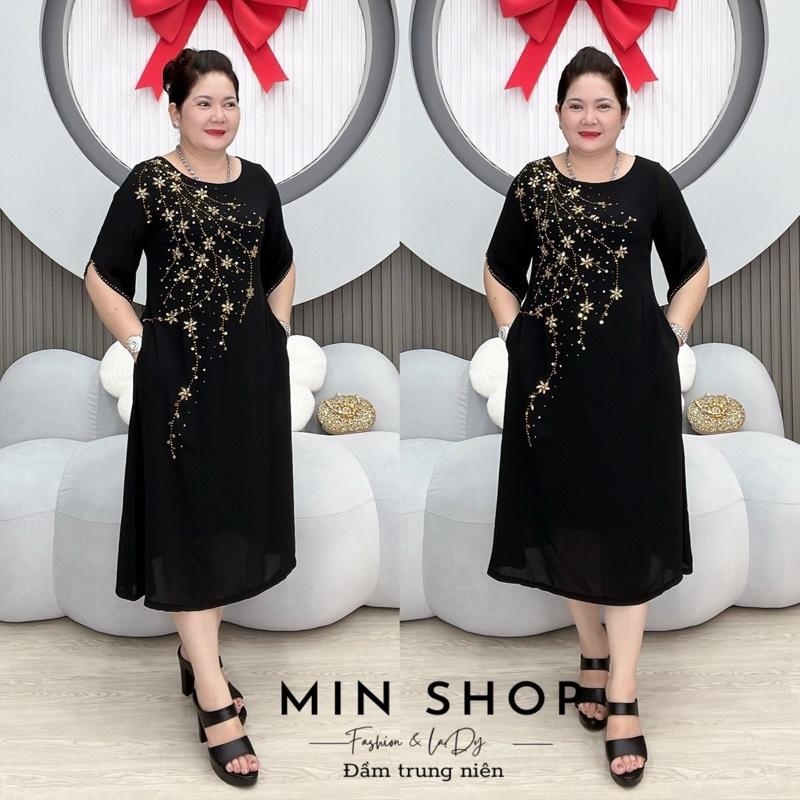 Đầm trung niên suôn chữ A tay xẻ u40 u50 Nữ Women Voan Dress Đen Chấm Bi - MIN SHOP - Voi Tim Đỏ