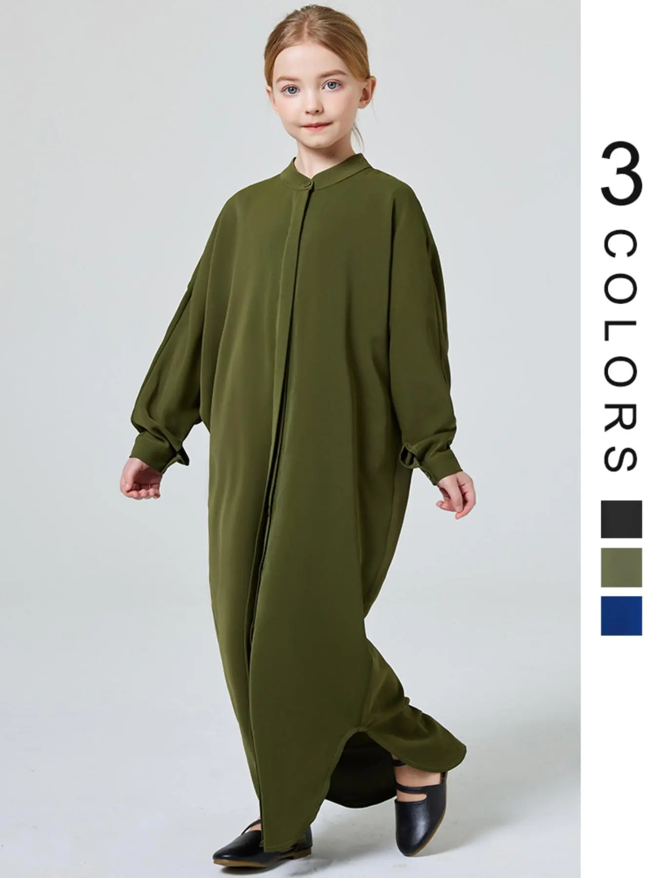 Girl's Solid Button Front Split Hem Abaya Dress, Modest Casual Long Sleeve Stand Collar Dress for Daily Wear, Kids Clothes for All Seasons