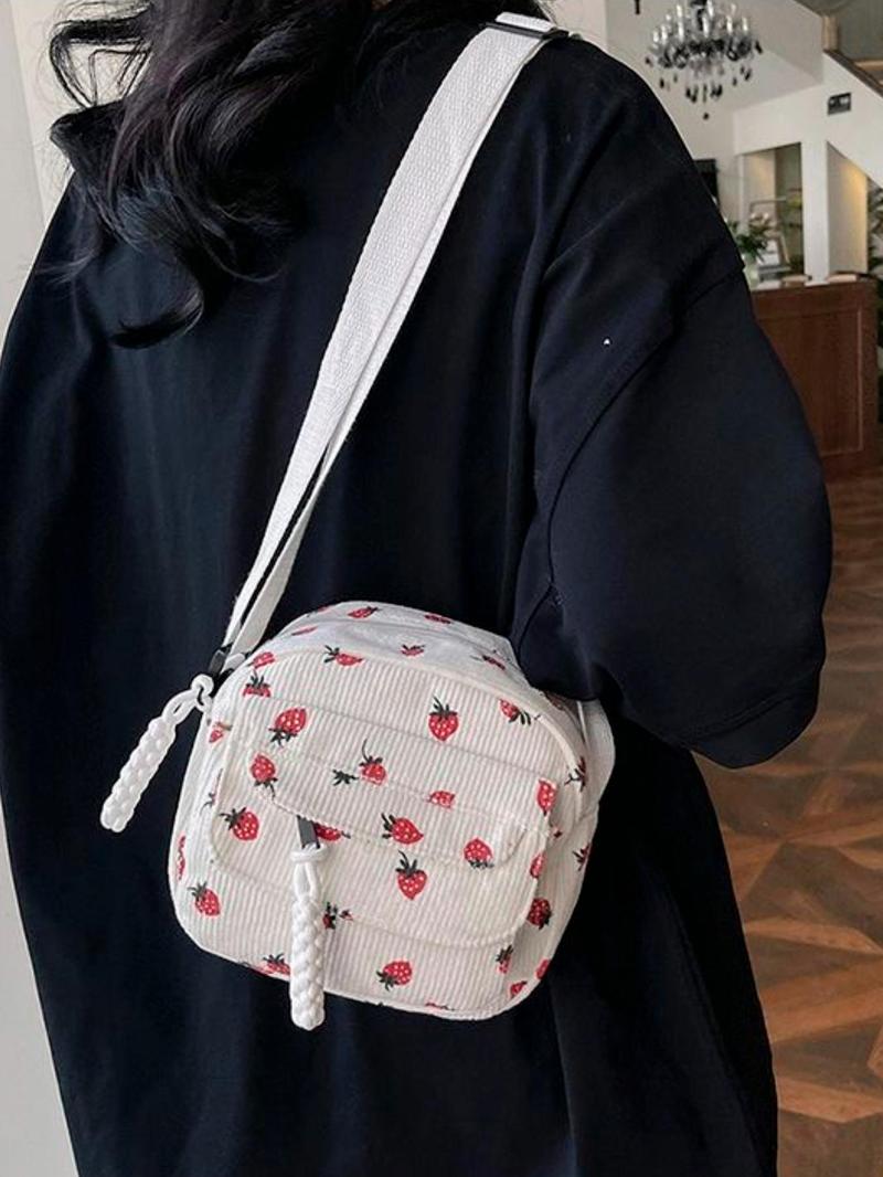 Product Introduction of Women's Strawberry Pattern Corduroy Crossbody Bag, Fashionable Zipper Shoulder Bag for Daily Used, Casual Trendy Versatile High-quality Commuting Bag 2
