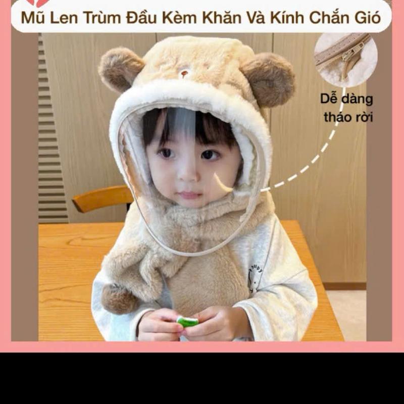 Mũ Len Trùm Đầu Có Kính Chắn Gió Tặng thêm 1 tấm kính Tích Hợp Khăn Quàng Cổ Tiện Lợi Cho Bé, Nón Len Lông Cừu Có Kính Bảo Vệ khăn  trùm kính  chắn Kem Hat