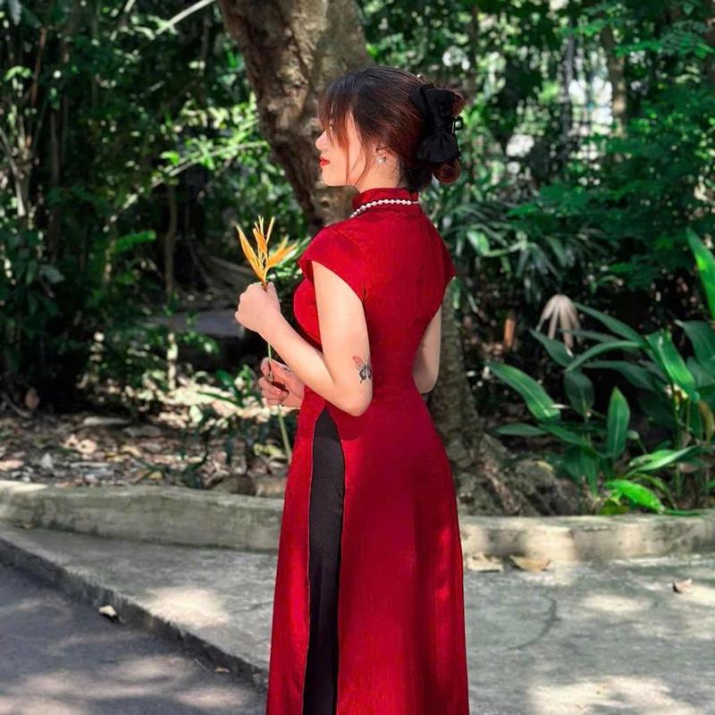 Set Áo Dài Đỏ Tay Cánh Cách Tân Xẻ Tà Giữa Chất Tuyết Nhung Dày Mịn Sang Trọng, Thiết Kế Độc Đáo Dành Riêng Cho Phái Đẹp Dưới 53kg Nữ Women Dress 4