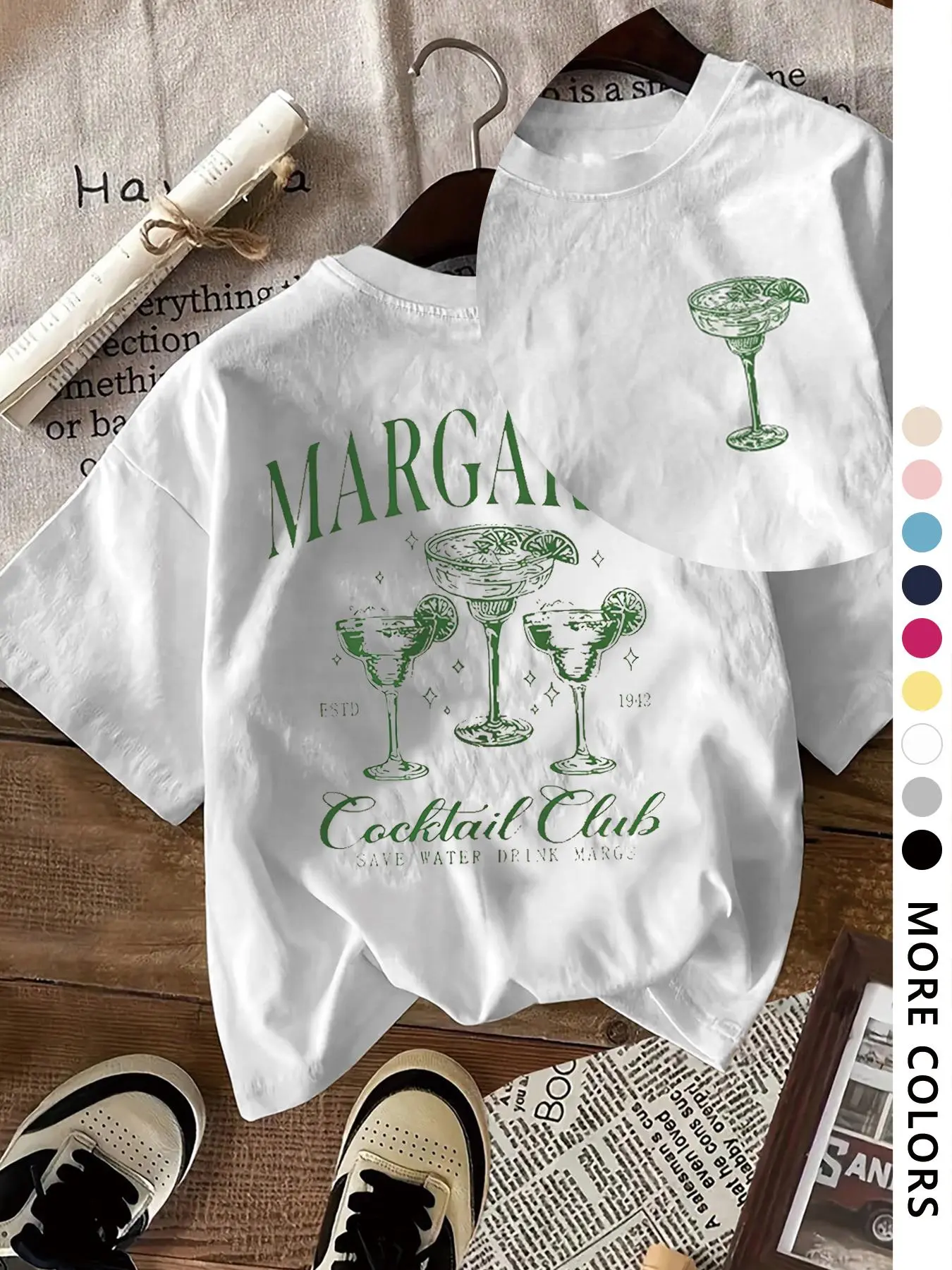 Women's Green Cocktail Drink Print Round Neck Tee, Casual Fashion Short Sleeve T-shirt for Daily Wear, Ladies Summer Clothes, Teen Girls  Top