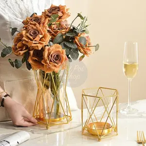 Vas Bunga Kaca Ornamen Nordic Dekorasi Rumah Heksagonal Besi Pot Bunga Flower Mewah Elegan Grosir