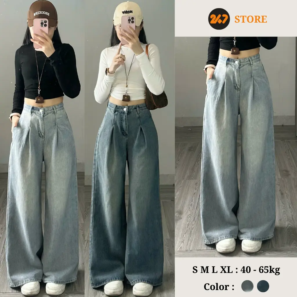 Quần Jean Xanh Túi chéo UNISEX ống rộng, jeans cao cấp loại 1  Q1120/1121 Women