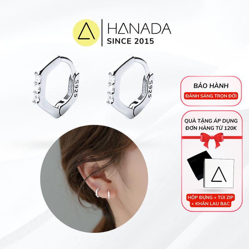 Bông Tai Bạc 925 HANADA Đeo Vành Tai Khoen Tròn Lục Giác Đính Đá Nhỏ 0802 E01