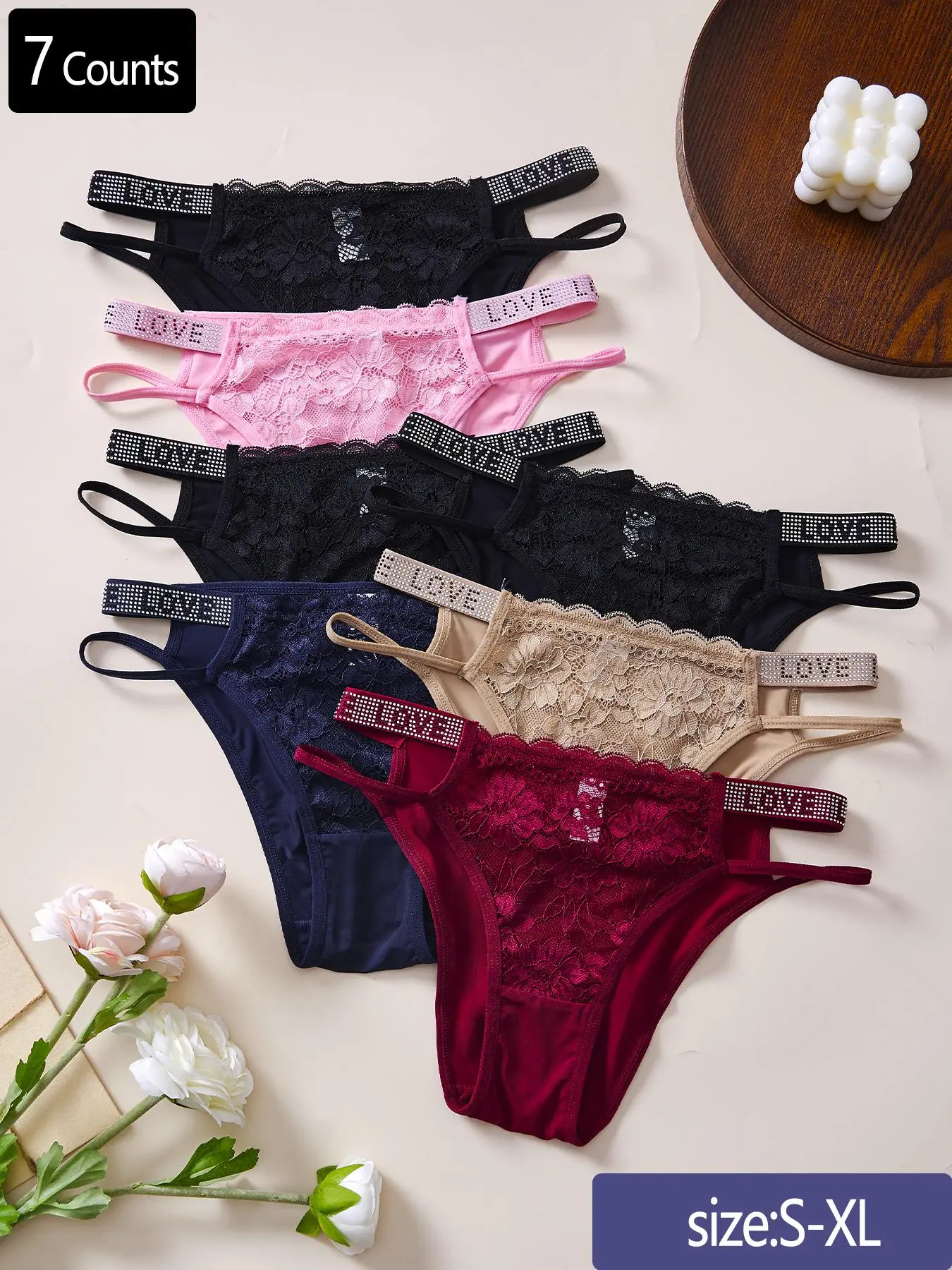 Women's Rhinestone Letter Tape High Waist Panty, Soft Comfy Breathable Contrast Lace Knicker for Daily Wear, Underwear for All Seasons