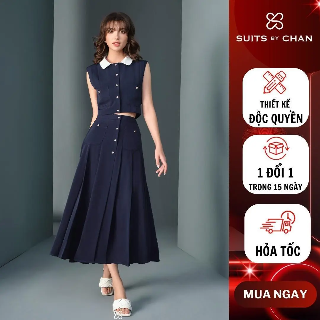 SUITS BY CHAN - Áo cổ sen phối nút, Váy dài xếp li dáng A - SCAO00045 SCCV00039 Nữ Women