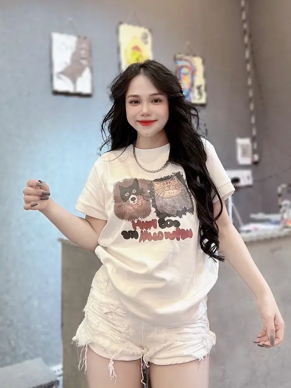 A028 - Áo Thun Nữ Cotton Thái Co Giãn Tôn Dáng, Mịn Mát, Thấm Hút Mồ Hôi, Phối Hình Nổi Dog & Cat Top Women 4