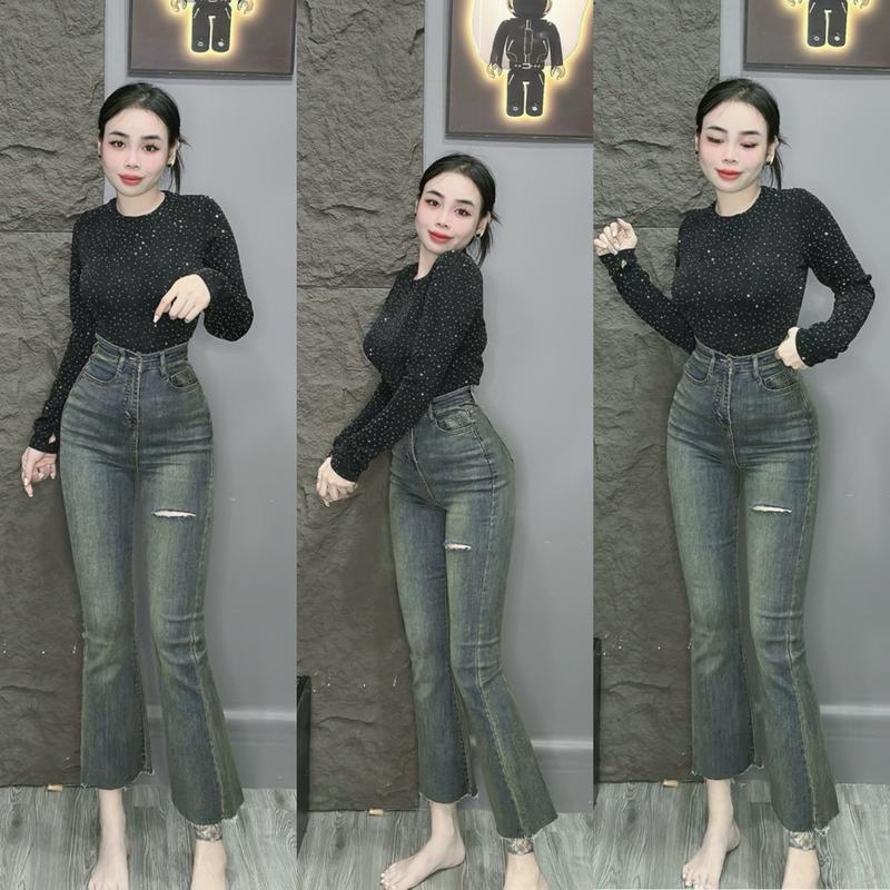 (Diễm bella shop)Quần Jean Bass Lở Lưng Siêu Cao Rách Nhẹ 1 Đường (90cm) cắt lai 4