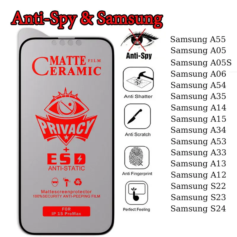 Privacy Screen Protector for Samsung A06 A55 5G A15 A05 A35 A05S A16 A14 A24 A34 A54 A13 A36 A26 A56 5G Samsung S22 S23 S24 S25 Ultra Cover Soft Ceramic Matte Screen Film 0